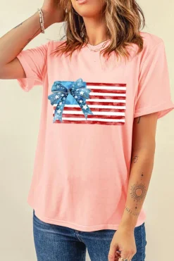 Sale Dear-Lover Starry Bow American Flag Graphic T Shirt Pink