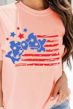 Discount Dear-Lover Stars and Stripes Bow Knot Crew Neck T Shirt Pink