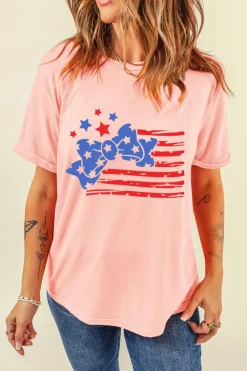 Discount Dear-Lover Stars and Stripes Bow Knot Crew Neck T Shirt Pink
