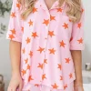 Fashion Dear-Lover Stars Short Sleeve Shirt and Shorts Bamboo Pajama Set Pink