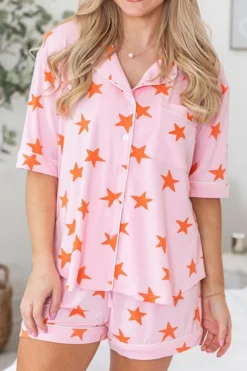 Fashion Dear-Lover Stars Short Sleeve Shirt and Shorts Bamboo Pajama Set Pink