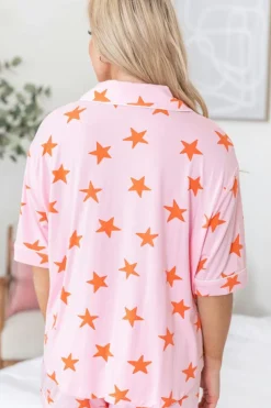 Fashion Dear-Lover Stars Short Sleeve Shirt and Shorts Bamboo Pajama Set Pink
