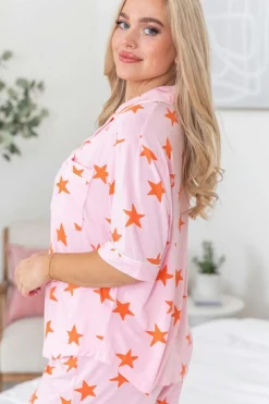 Fashion Dear-Lover Stars Short Sleeve Shirt and Shorts Bamboo Pajama Set Pink