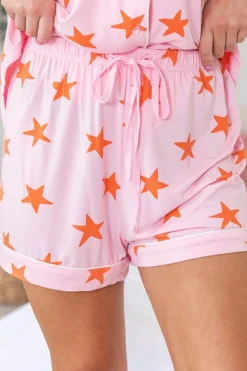 Fashion Dear-Lover Stars Short Sleeve Shirt and Shorts Bamboo Pajama Set Pink
