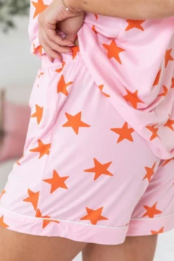 Fashion Dear-Lover Stars Short Sleeve Shirt and Shorts Bamboo Pajama Set Pink
