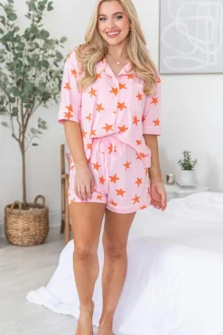 Fashion Dear-Lover Stars Short Sleeve Shirt and Shorts Bamboo Pajama Set Pink