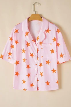 Fashion Dear-Lover Stars Short Sleeve Shirt and Shorts Bamboo Pajama Set Pink