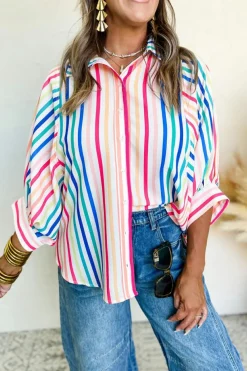 New Dear-Lover 3/4 Sleeve Button Up Casual Shirt Pink Stripe