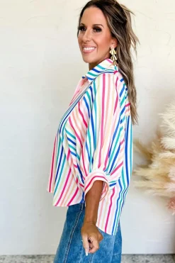 New Dear-Lover 3/4 Sleeve Button Up Casual Shirt Pink Stripe