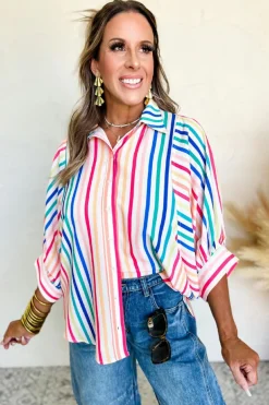 New Dear-Lover 3/4 Sleeve Button Up Casual Shirt Pink Stripe