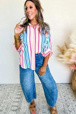 New Dear-Lover 3/4 Sleeve Button Up Casual Shirt Pink Stripe