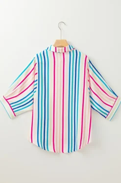 New Dear-Lover 3/4 Sleeve Button Up Casual Shirt Pink Stripe