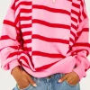 Online Dear-Lover Bubble Sleeve Drop Shoulder Ribbed Trim Sweater Pink Stripe