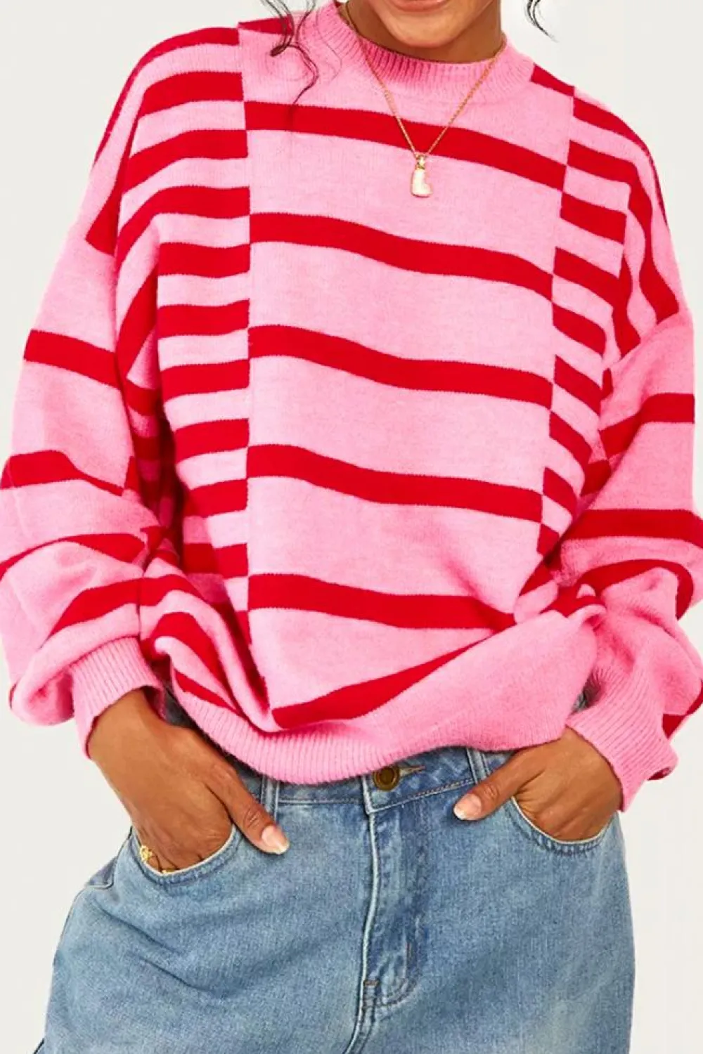 Online Dear-Lover Bubble Sleeve Drop Shoulder Ribbed Trim Sweater Pink Stripe