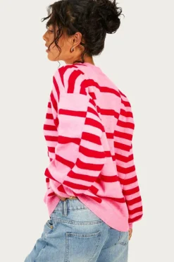 Online Dear-Lover Bubble Sleeve Drop Shoulder Ribbed Trim Sweater Pink Stripe