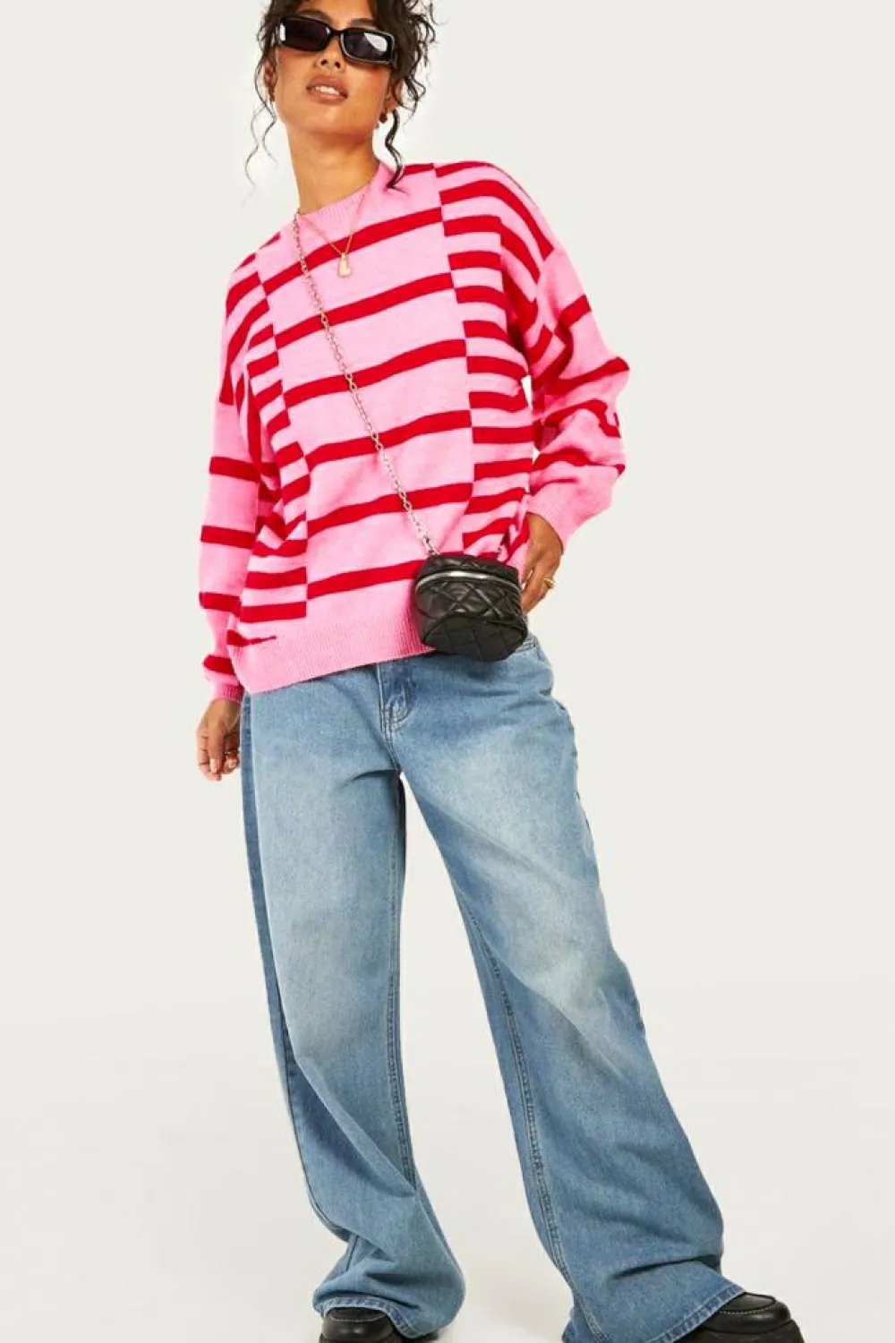 Online Dear-Lover Bubble Sleeve Drop Shoulder Ribbed Trim Sweater Pink Stripe