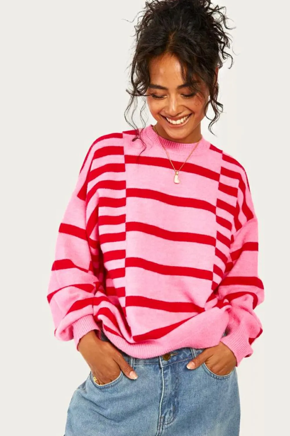 Online Dear-Lover Bubble Sleeve Drop Shoulder Ribbed Trim Sweater Pink Stripe