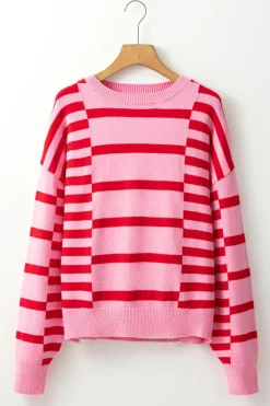 Online Dear-Lover Bubble Sleeve Drop Shoulder Ribbed Trim Sweater Pink Stripe