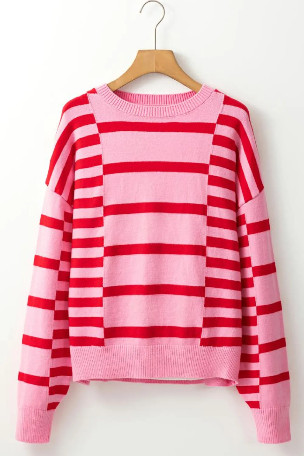 Online Dear-Lover Bubble Sleeve Drop Shoulder Ribbed Trim Sweater Pink Stripe