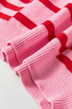Online Dear-Lover Bubble Sleeve Drop Shoulder Ribbed Trim Sweater Pink Stripe