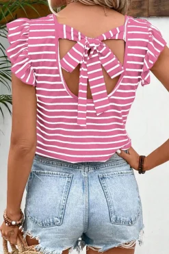 Hot Dear-Lover Butterfly Sleeve V Neck Hollowed Knot Back T Shirt Pink Stripe