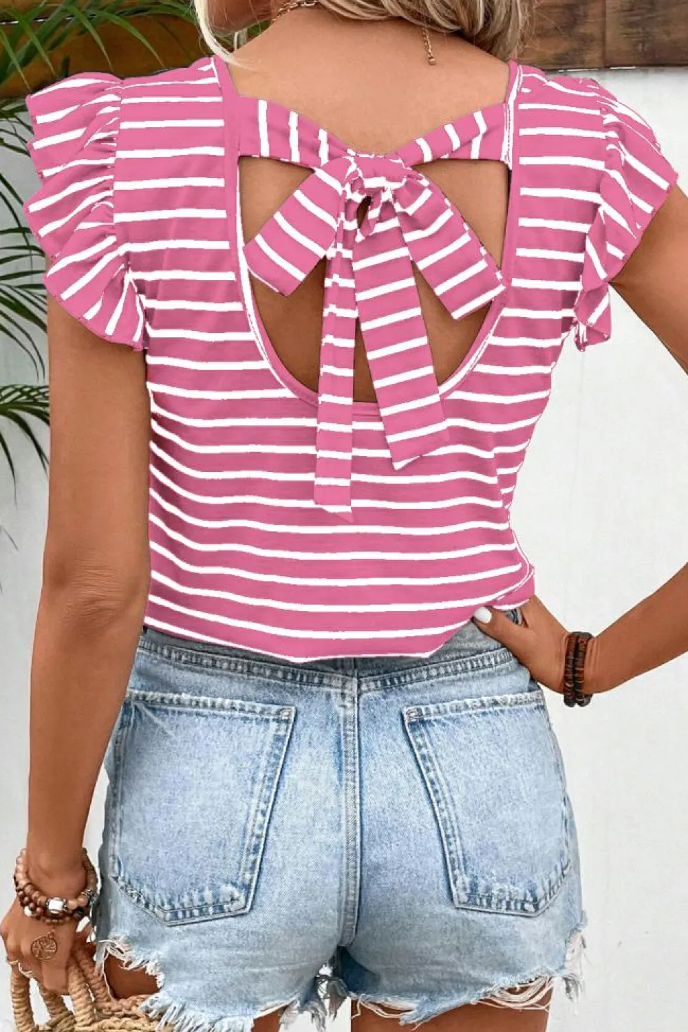 Hot Dear-Lover Butterfly Sleeve V Neck Hollowed Knot Back T Shirt Pink Stripe