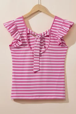 Hot Dear-Lover Butterfly Sleeve V Neck Hollowed Knot Back T Shirt Pink Stripe
