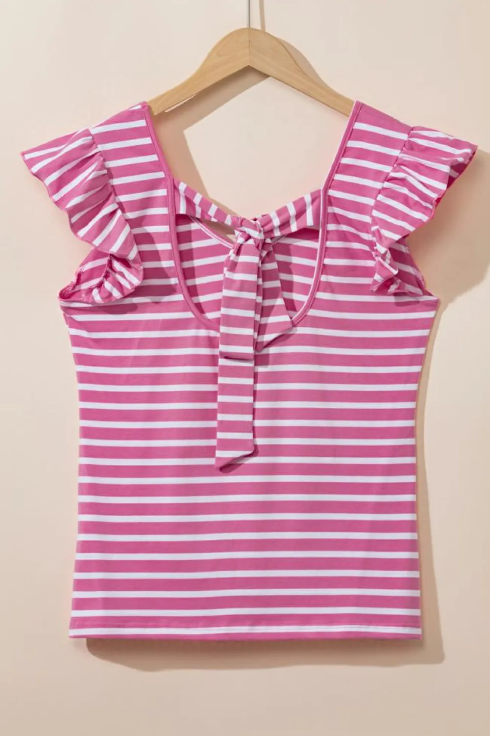 Hot Dear-Lover Butterfly Sleeve V Neck Hollowed Knot Back T Shirt Pink Stripe