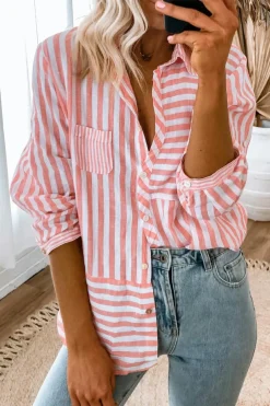 Sale Dear-Lover Buttoned Long Sleeve Casual Shirt Pink Stripe