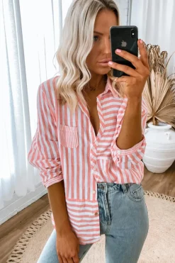 Sale Dear-Lover Buttoned Long Sleeve Casual Shirt Pink Stripe