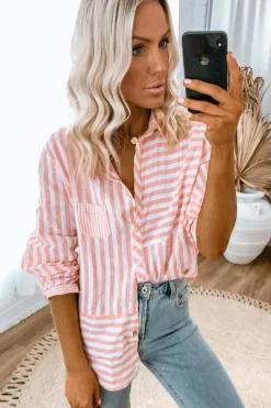 Sale Dear-Lover Buttoned Long Sleeve Casual Shirt Pink Stripe