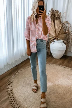 Sale Dear-Lover Buttoned Long Sleeve Casual Shirt Pink Stripe