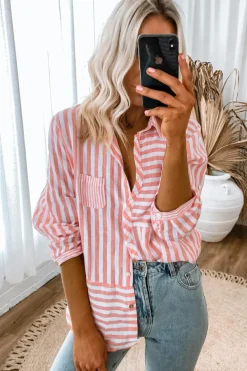 Sale Dear-Lover Buttoned Long Sleeve Casual Shirt Pink Stripe