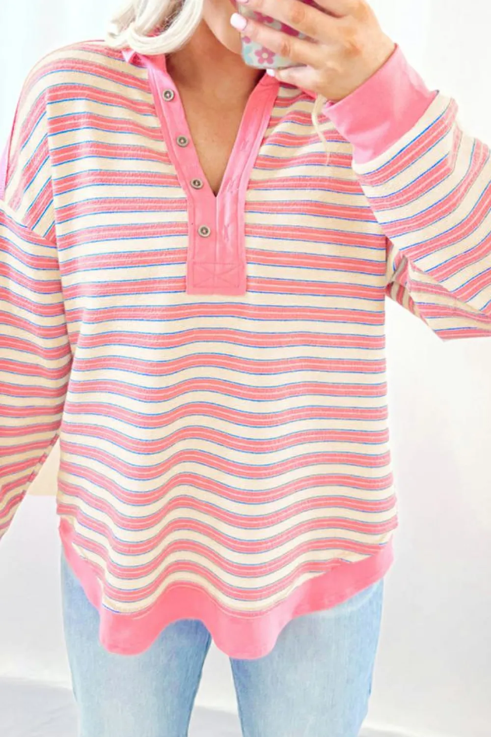 Best Dear-Lover Buttoned V Neck Collared Drop Shoulder Top Pink Stripe
