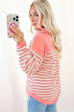 Best Dear-Lover Buttoned V Neck Collared Drop Shoulder Top Pink Stripe