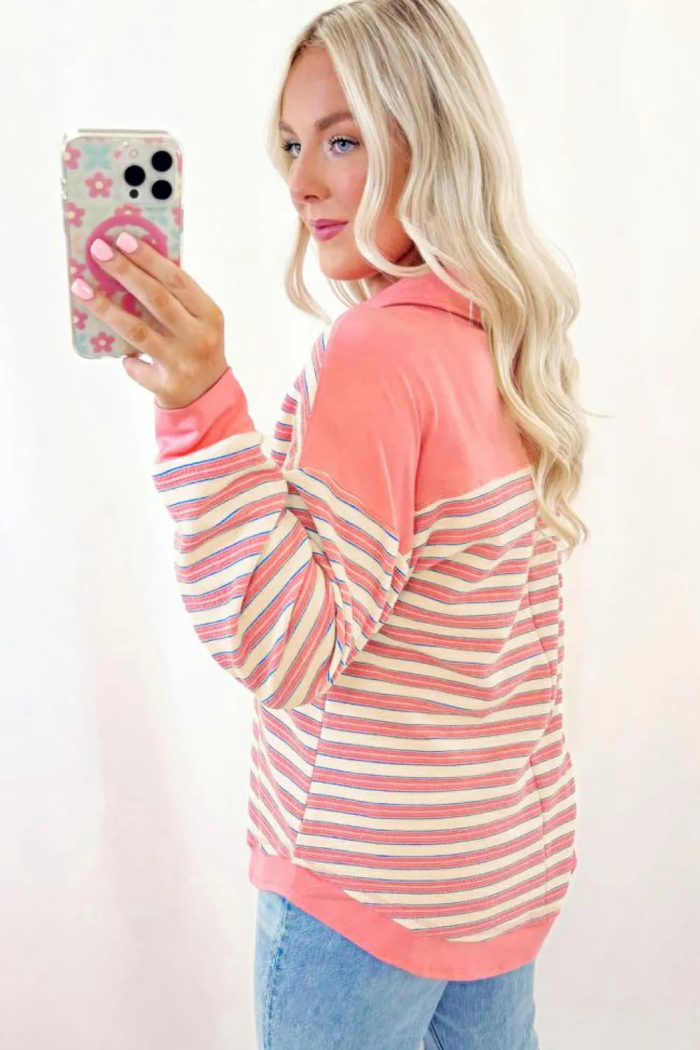 Best Dear-Lover Buttoned V Neck Collared Drop Shoulder Top Pink Stripe