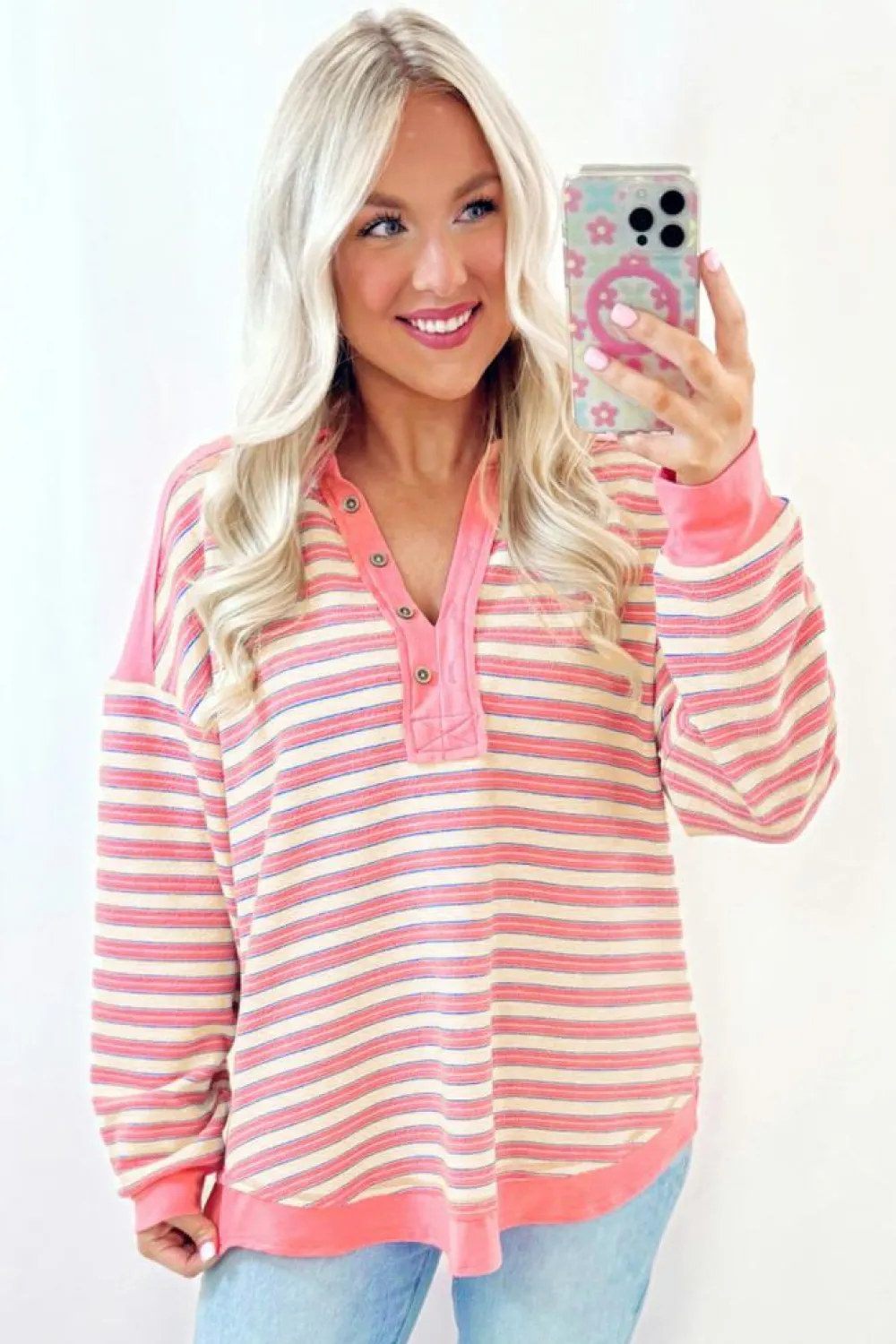 Best Dear-Lover Buttoned V Neck Collared Drop Shoulder Top Pink Stripe