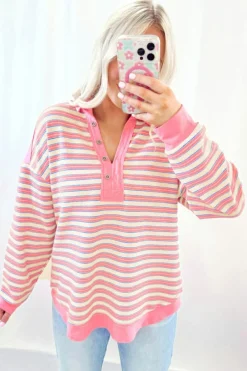 Best Dear-Lover Buttoned V Neck Collared Drop Shoulder Top Pink Stripe