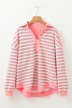 Best Dear-Lover Buttoned V Neck Collared Drop Shoulder Top Pink Stripe