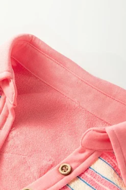 Best Dear-Lover Buttoned V Neck Collared Drop Shoulder Top Pink Stripe