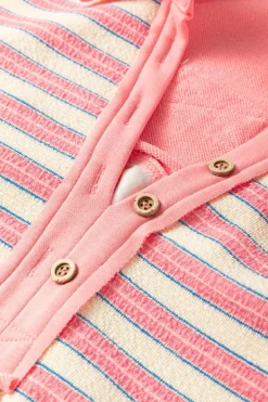 Best Dear-Lover Buttoned V Neck Collared Drop Shoulder Top Pink Stripe