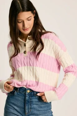 Outlet Dear-Lover Cable Knit Collared Henley Sweater Pink Stripe