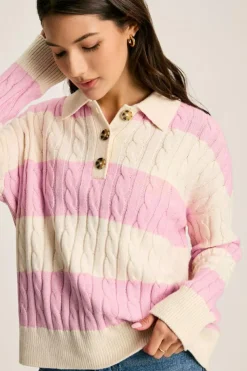 Outlet Dear-Lover Cable Knit Collared Henley Sweater Pink Stripe