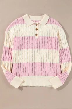Outlet Dear-Lover Cable Knit Collared Henley Sweater Pink Stripe