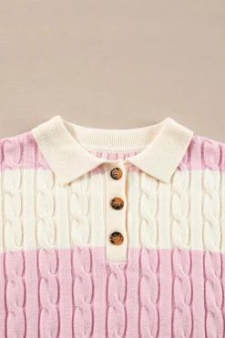 Outlet Dear-Lover Cable Knit Collared Henley Sweater Pink Stripe