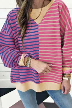 Sale Dear-Lover Casual Stripe Colorblock Drop Shoulder Oversize Sweatshirt Pink Stripe