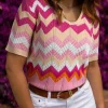 New Dear-Lover Chevron Pointelle Knit V Neck Short Sleeve Sweater Pink Stripe