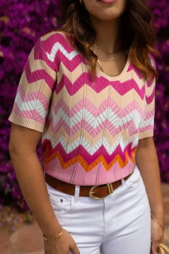 New Dear-Lover Chevron Pointelle Knit V Neck Short Sleeve Sweater Pink Stripe