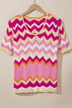 New Dear-Lover Chevron Pointelle Knit V Neck Short Sleeve Sweater Pink Stripe