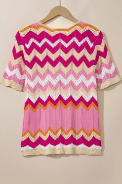 New Dear-Lover Chevron Pointelle Knit V Neck Short Sleeve Sweater Pink Stripe